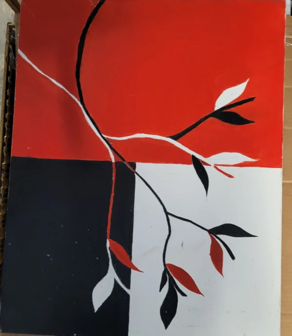 A painting of a branch with red and black leaves.