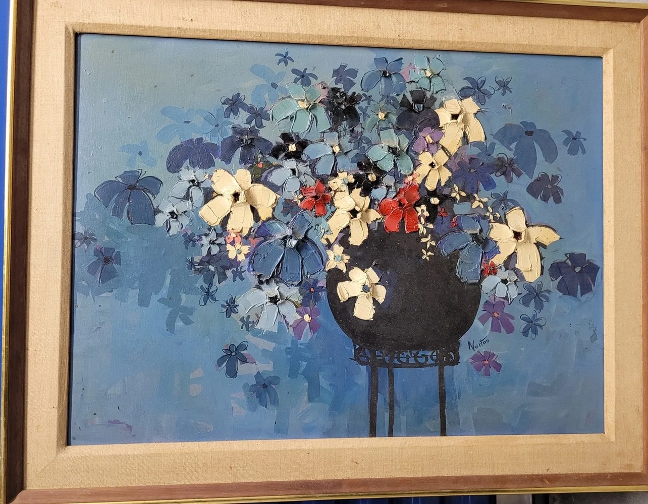 A painting of flowers in a vase on a table.