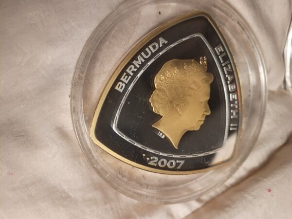 A gold coin with the image of bermuda in it.
